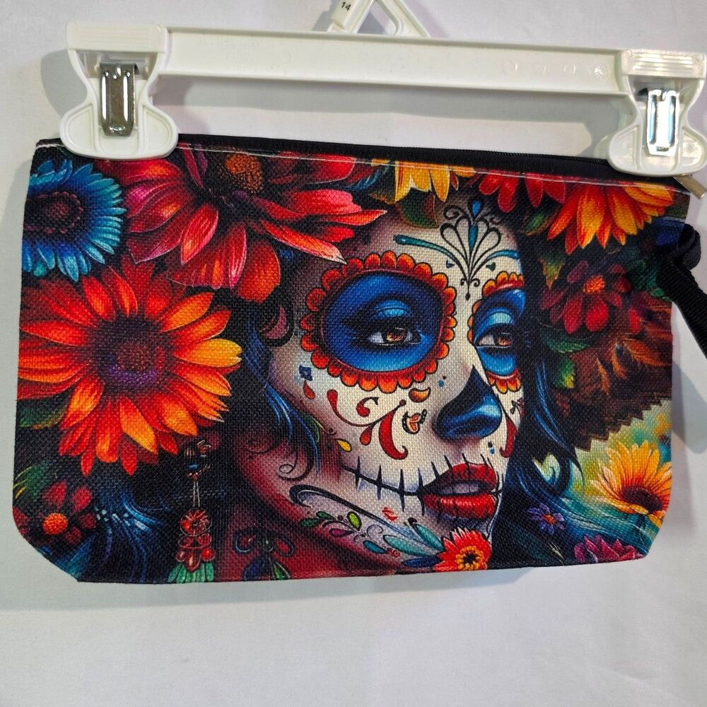 Dia de los Muertos Sugar Skull Makeup Bag Canvas Cosmetic Pouch Wristlet Clutch